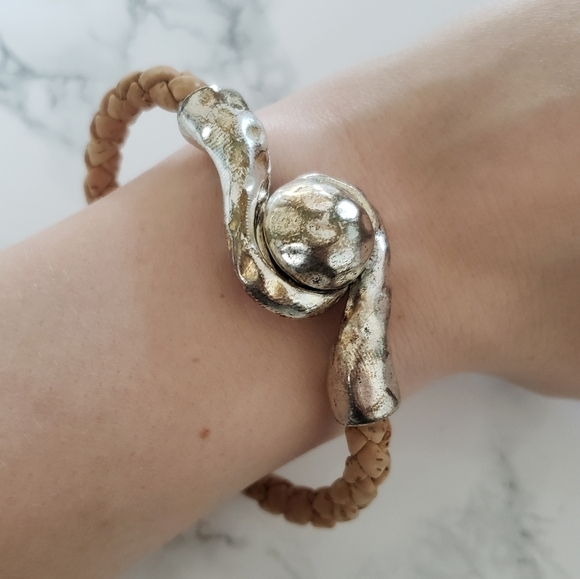 Silver Metal Brown Leather Magnetic Bracelet - Picture 1 of 4